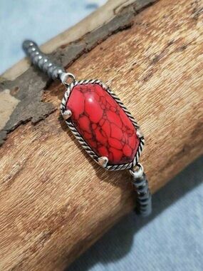 Trendy boutique Red Stone Silver-Tone Beaded Bracelet
